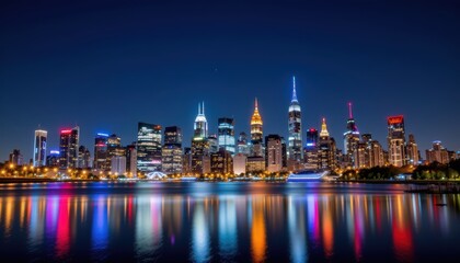 Obraz premium Vibrant City Skyline at Night with Colorful Reflections on Calm Water Surface