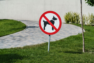 Close-up of a "No Dogs Allowed" sign in a modern urban park. The sign features a black dog silhouette crossed out with a red circle on a white background, surrounded by green grass and blooming flower