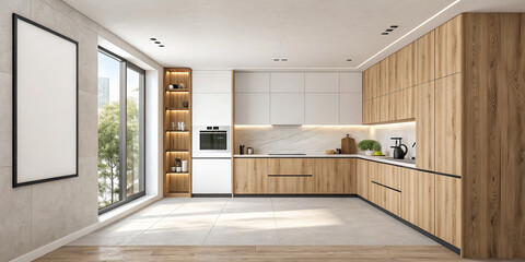 A bright, modern kitchen interior with a clean wooden table, a minimalist and natural design for home interiors