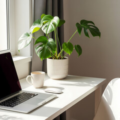 Minimal remote work desk setup with laptop