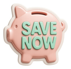 Obraz premium Pastel piggy bank sticker with SAVE NOW text in soft 3D style, promoting a savings discount offer on transparent background.