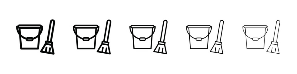 besom with stick and pail icon isolated vector on white background set