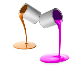 Paints of different colors pouring out of cans on white background, collage