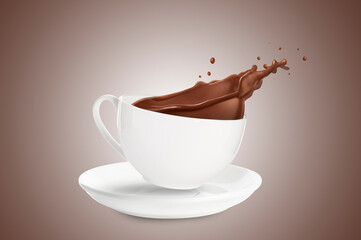 Tasty chocolate milk splashing out from cup on brown gradient background