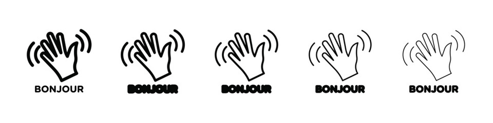 Bonjour text with hand wave icon isolated vector on white background set © Mahakali
