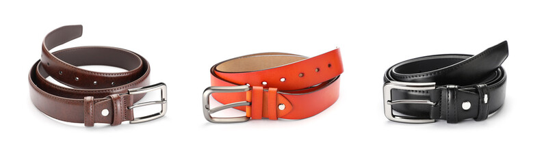 Different leather belts on white background, collage