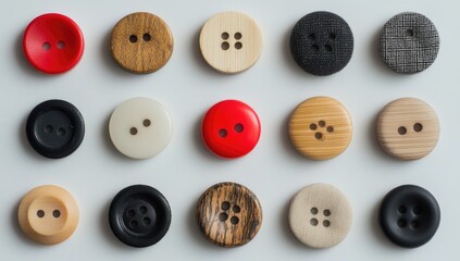 Obraz premium Assorted round buttons in various colors and materials arranged in a grid pattern on a white background