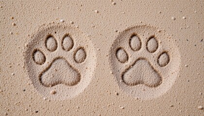 Paw Prints in Soft Sand on a Sunny Beach Shoreline with Gentle Waves in the Background