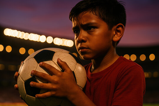 Determined young boy in red shirt holding soccer ball under stadium lights at dusk, focusing before game or practice session