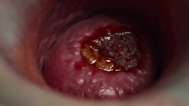 Close-up of infected human skin with inflammation and visible pus formation. Medical footage showing skin infection and dermatological symptoms in detail.

