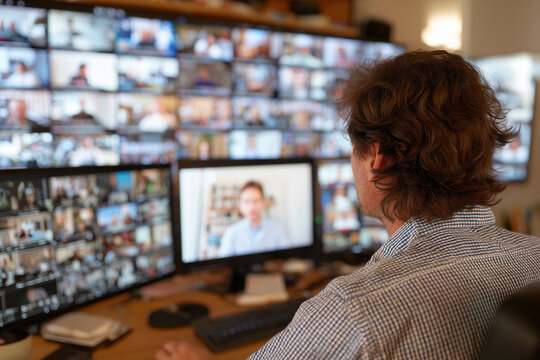Operator controlling large video conference call on many monitors