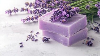 Lavender soap bars nestled among fresh lavender sprigs on a light gray surface