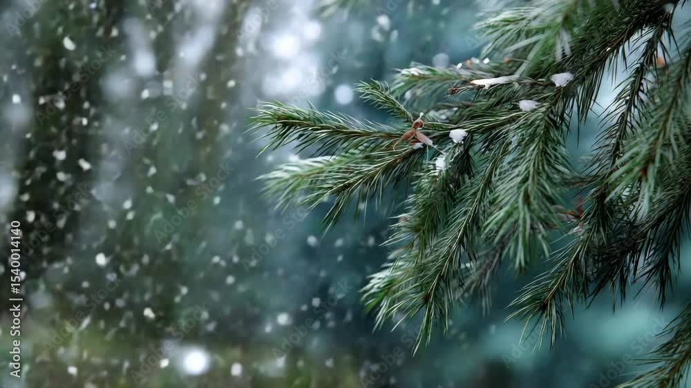 Poster close-up of snow falling on pine tree branches, blurry background of a forest in the distance, with 