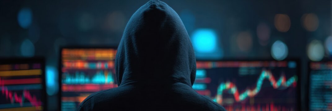 Individual in Hoodie Analyzes Betting Data With a Focus on Digital Trends in a Dimly Lit Environment While Screens Display Statistics and Graphs