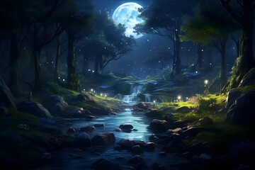 Dreamy Moonlit Forest: A mystical forest bathed in moonlight, creating an ethereal and enchanting atmosphere