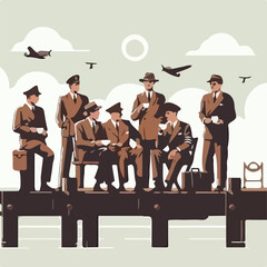 image of a group of men drinking coffee on the pier with a simple and minimalist flat design using a white background