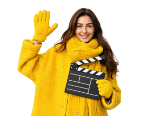 Young woman smiling wearing yellow winter coat, scarf, and gloves, holding film slate, cheerful expression, isolated on transparency background