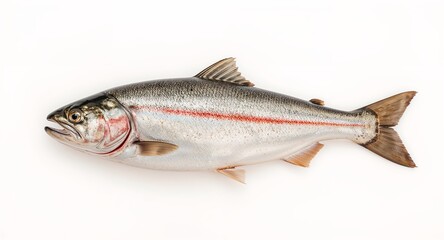 Isolated image of a fresh rainbow trout with a red stripe on a white background surface studio shot