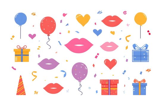 A vibrant illustration featuring balloons, gift boxes, lips, hearts, and confetti. Ideal for celebrating special occasions, Valentine's Day, parties, and festive decorations.