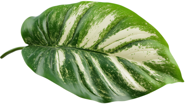Vibrant Green Leaf with White Variegation Isolated on Black, transparent background