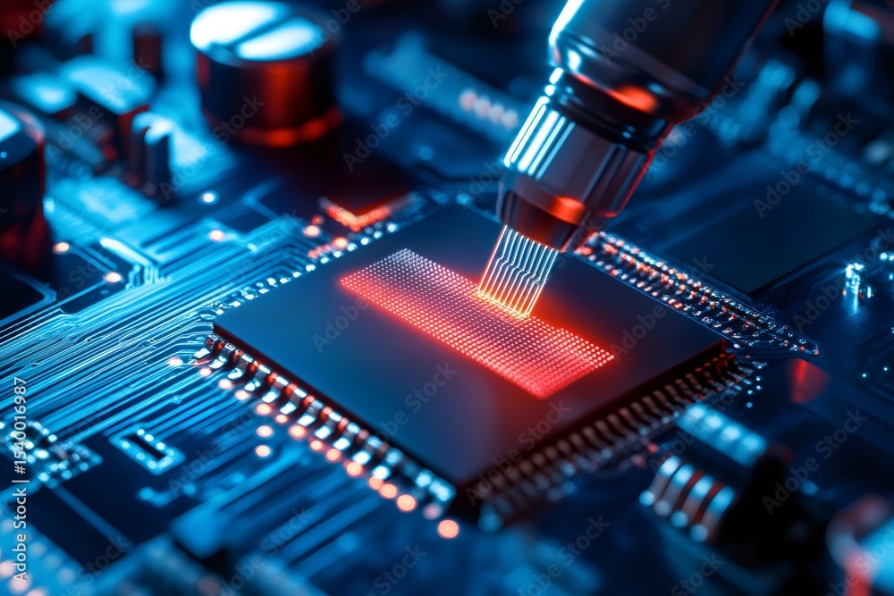 Aufkleber Robotic arm installing microchip on motherboard, creating futuristic circuitry