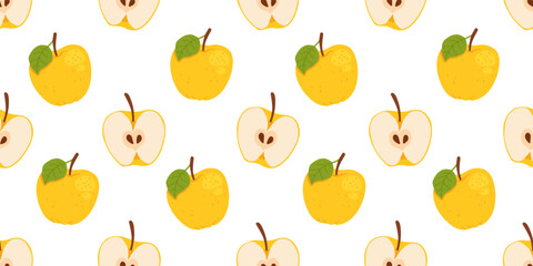 Seamless pattern with yellow apples. Apple set of whole yellow apple, half an apple and a slice of apple. Hand drawn flat vector illustration on white background.