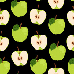Seamless pattern of green apples on a black background with green leaves. Whole and sliced apple. The design is great for wallpaper, fabric, labels, packaging.