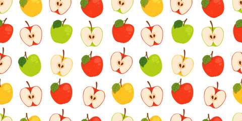 Seamless vector pattern with whole apples leaves and apple slice. Set of green, red and yellow apple, cut. Vector hand drawn illustration for fabric, drawing labels, print.