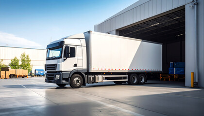 A large delivery truck parked in a warehouse, ready for loading and unloading goods. Ideal for logistics and transport themes.