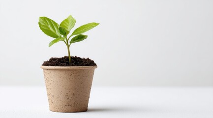 Small green plant seedling in a speckled brown biodegradable pot against a white background