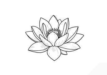 Lotus flower drawing. It is a black and white outline image of a blooming lotus flower, its many layered petals, with a detailed central stamen and open bloom. Vector sketch line art draw.