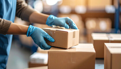 A person wearing gloves handling a cardboard box in a busy warehouse setting, emphasizing safety and efficiency.