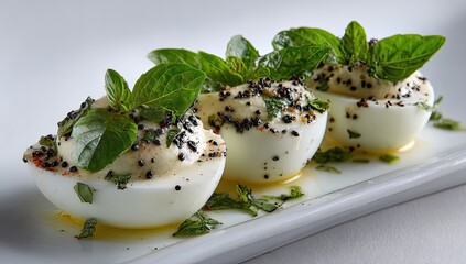 Three halved hard-boiled eggs, filled with creamy mixture, topped with black seeds and fresh basil, arranged on a rectangular white plate