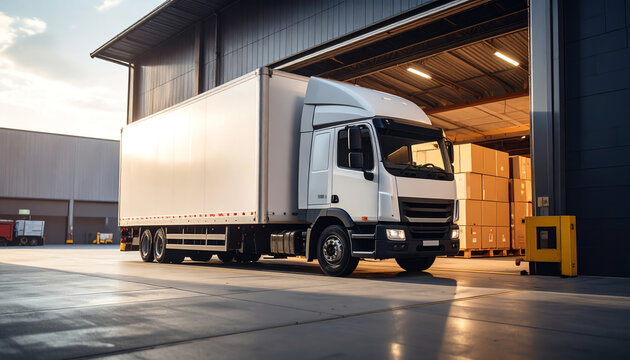 A white delivery truck parked outside a warehouse with wooden pallets inside, illuminated by the evening sun.