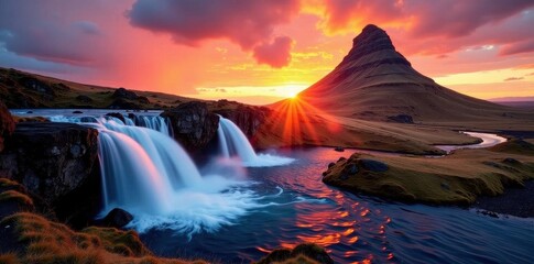 Fiery sunset casts long shadows on Kirkjufellsfoss cascading water , light, reflection, Iceland
