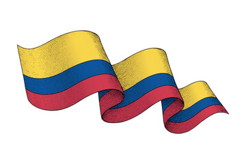 Colombia flag with wavy ribbon shape and engraved texture
