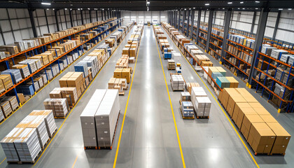 Aerial view of an organized warehouse filled with stacked boxes on shelves, illustrating efficient storage solutions.