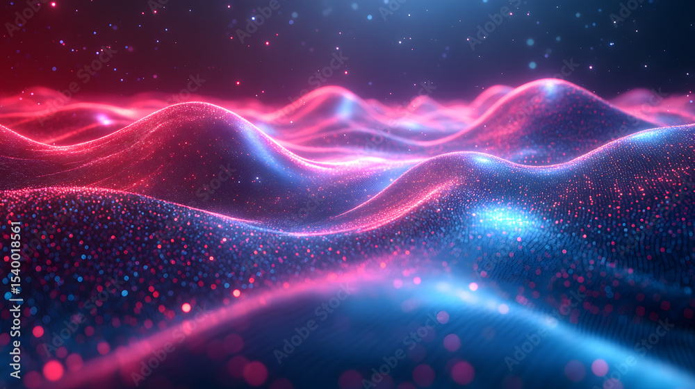 Poster abstract 3d landscape made of glowing data points, visualizing digital waves and futuristic data flo