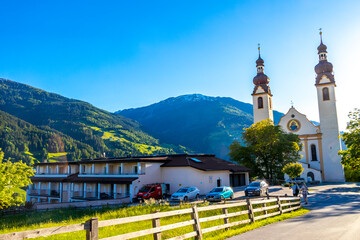 Barbara church cathedral Barbarakirche Fliess with blue sky Tyrol Austria.