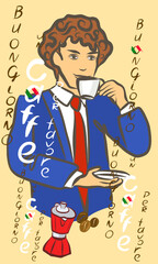 Italian man in blue suit drinking espresso. Coffee machine, grinder, Turkish coffee, milk frother, filter coffee, French press.Hand drawn vector clip art, cards.
