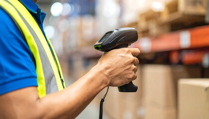 Warehouse worker scanning barcode on box with handheld scanner to manage inventory efficiently.