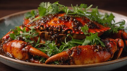 Crab covered with dark sauce and green garnish