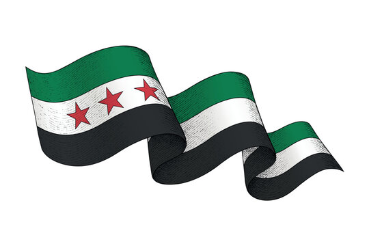 Syria flag with wavy ribbon shape and engraved texture