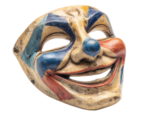 Vintage clown mask wooden texture colorful painted face blue nose red and blue geometric patterns smiling expression isolated on transparency background evokes eerie and playful feelings
