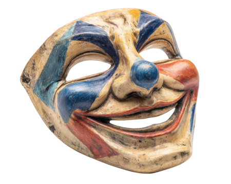 Vintage clown mask wooden texture colorful painted face blue nose red and blue geometric patterns smiling expression isolated on transparency background evokes eerie and playful feelings