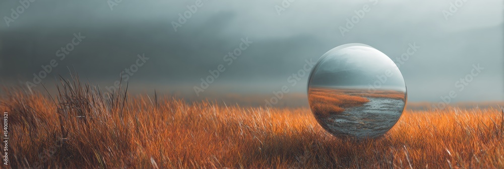 Poster Self-reflection Mirror Floats in an Abstract Field Surrounded by Fog and Golden Grass