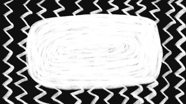Looped animation of hand-drawn chalk frame with zigzag border on black background. Rough sketch-style white frame with animated zigzag lines, ideal for overlays, titles, or creative video content.