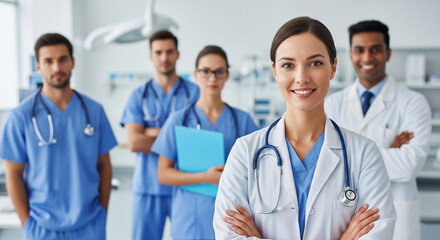 Smiling medical team with female doctor with crossed arms smiles in front of a diverse medical team, symbolizing healthcare professionals, teamwork, and reliable medical care