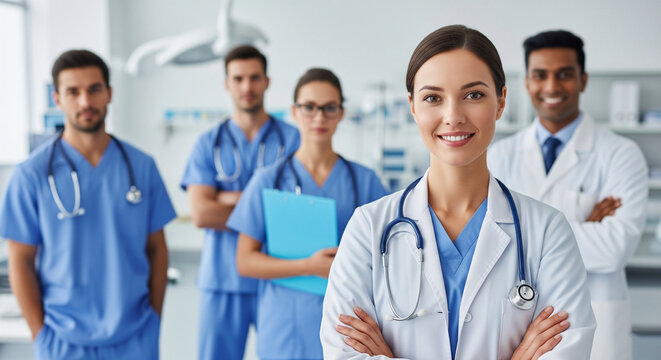 Smiling medical team with female doctor with crossed arms smiles in front of a diverse medical team, symbolizing healthcare professionals, teamwork, and reliable medical care