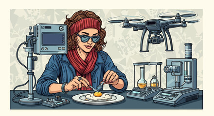 Futuristic Mukbang Scientist Eating Egg in High-Tech Lab